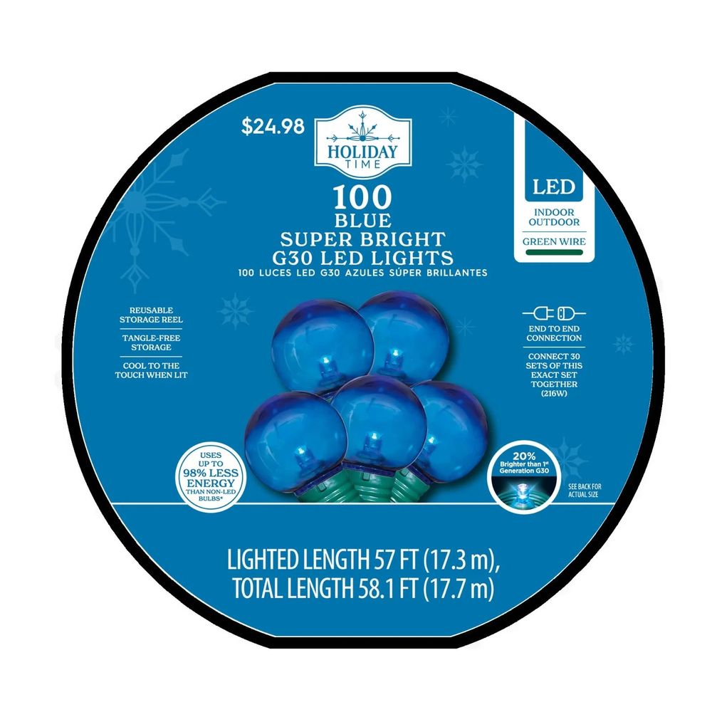 Holiday Time 100-Count Blue LED Super Bright G30 Christmas Lights w/ Green wire